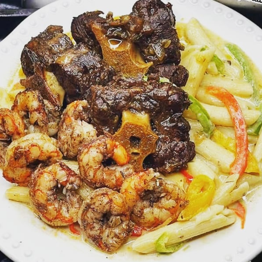 Caribbean meat and seafood plate